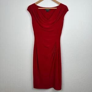 Lauren Ralph Lauren Dress Womens 4 Red Swoop Neck Midi Cap‎ Short Sleeve